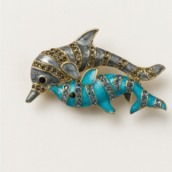 Anthropologie Jewelry - Elegant Dolphin Brooch with Blue and Gold Accents 🎏